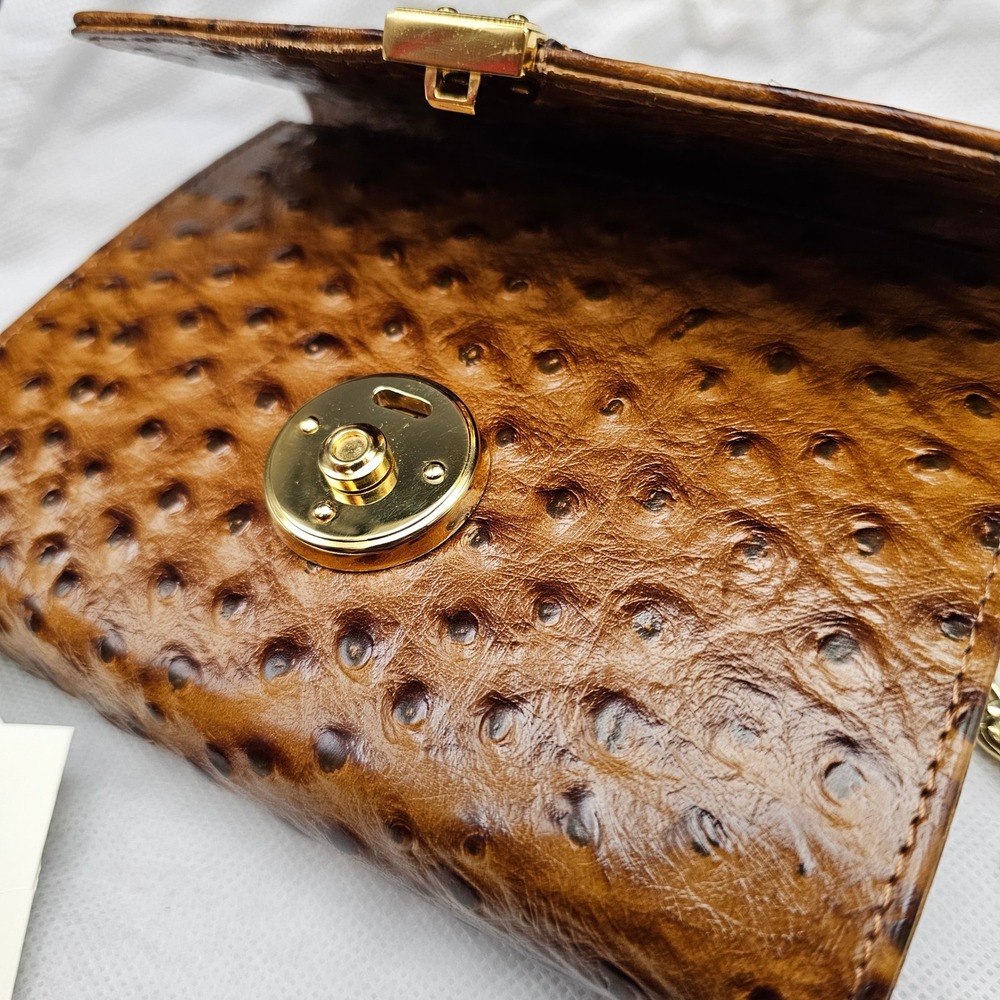 Andalossi Ostrich Embossed Leather Crossbody Flap Chain Shoulder Bag‎ Gold Tan - Picture 10 of 16